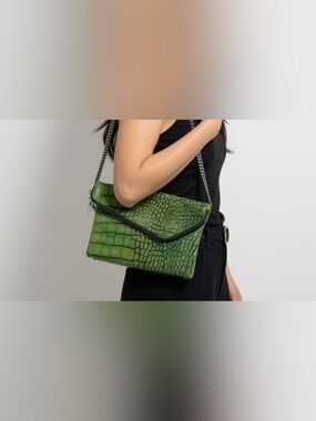 Henri Bendel Green Croc-Embossed Envelope Shoulder Bag